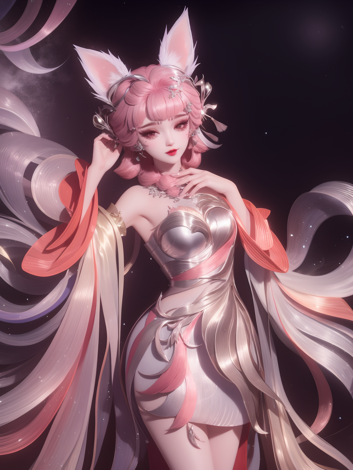 00024-3320714933-WZRYdajiJW,1girl, mature female, looking at viewer, cityscape, night, standing, dress,animal ears, hair ornament, makeup,  _lora.png